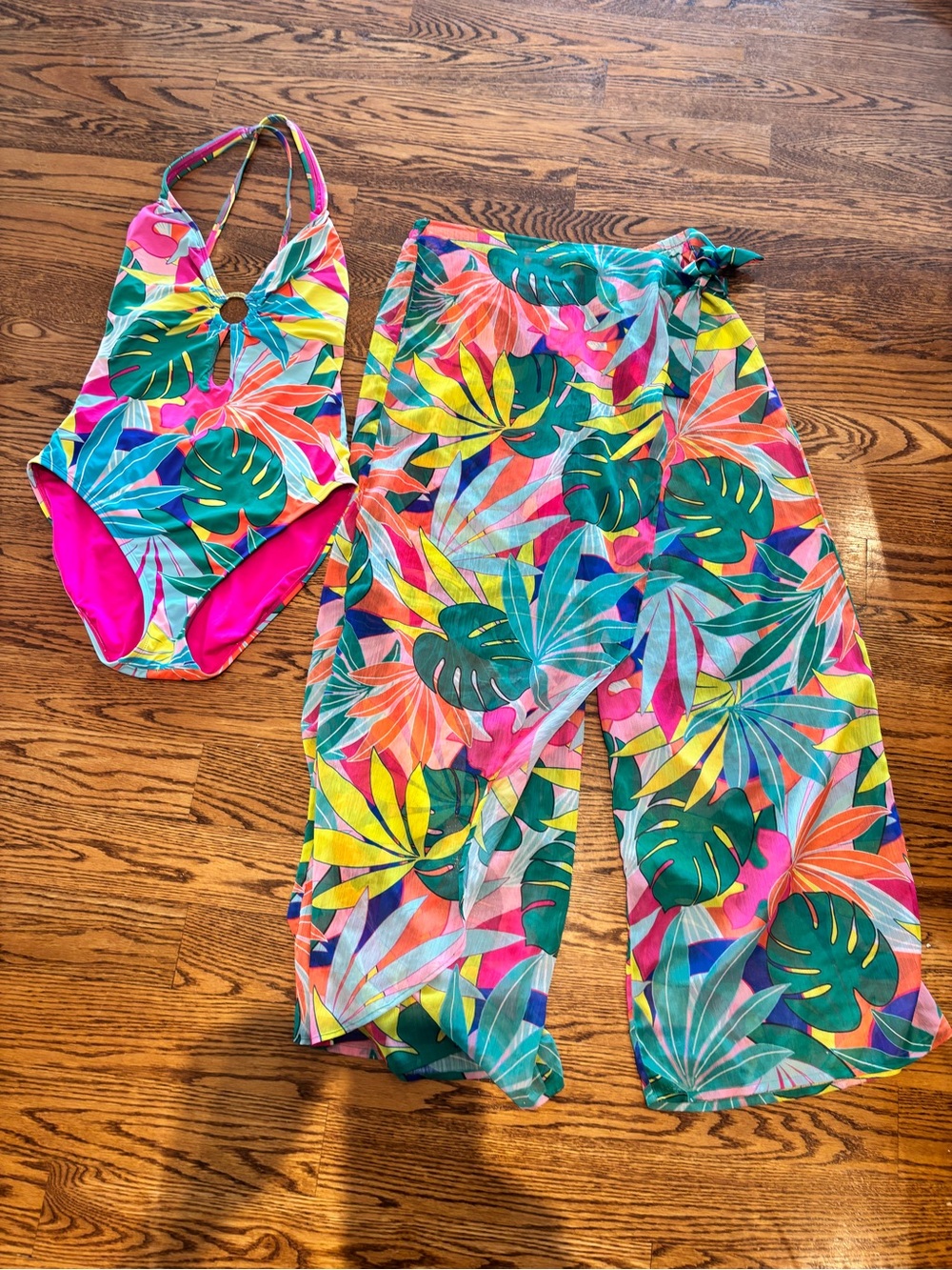 Bright Tropical Print Swimsuit with matching Cover Pants - Multicolor